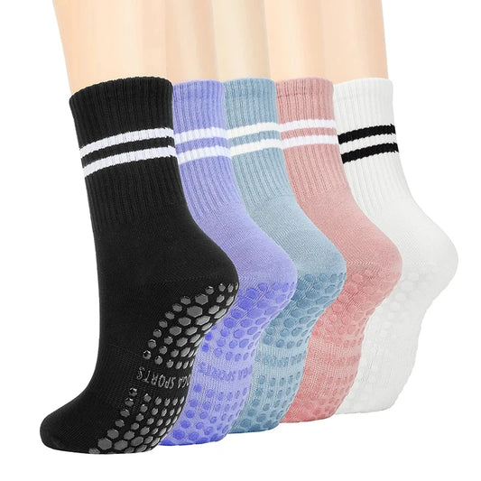 4Pairs Women Anti-Skid Yoga Socks Grips Cotton Mid-Tube Bottom Breathable Fitness Dance Barre Workout Pilates Socks 8 Colors